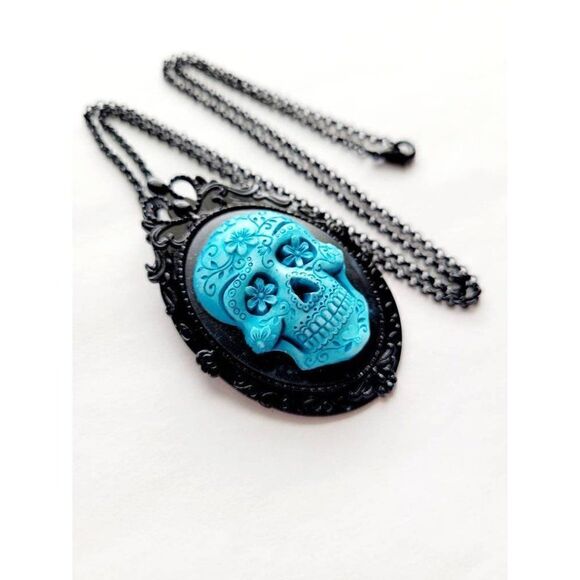 Teal Blue Black Sugar Skull Day Dead Gothic Rockabilly Cameo Brooch Valentine’s - Picture 3 of 5